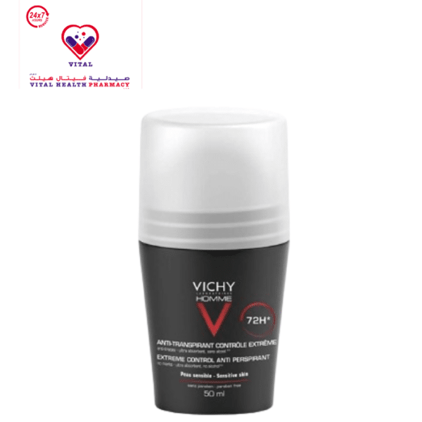 Vichy Homme Extreme Control 72H Antiperspirant Deodorant for Sensitive Skin - parabens free, alcohol free