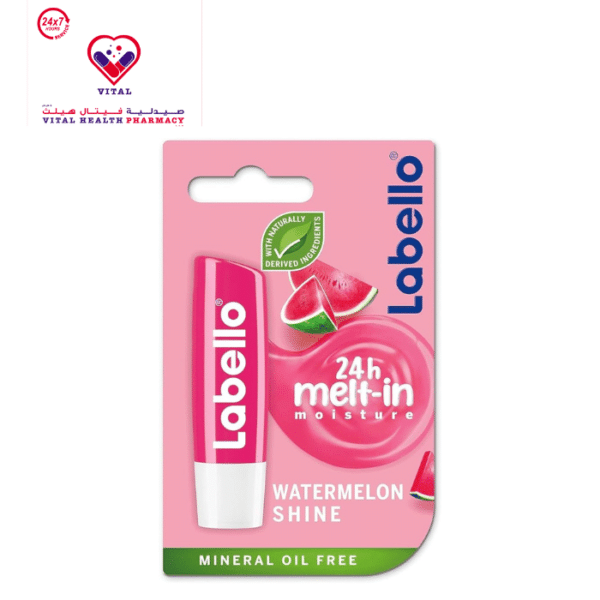 Labello 24H Melt-In Watermelon Shine Moisturizing Lip Balm with Natural Oils & Shea Butter - mineral oil free