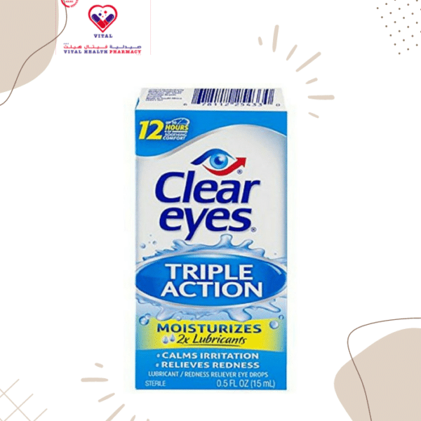 Clear Eyes Triple Action Relief Eye Drops﻿ contains 2x lubricants to soothe and moisturize dry eyes relief from irritation, red eyes, and mild dry eyes; relieves redness due to minor irritations and protects against further irritation.
