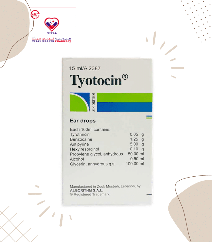 Tyotocin Ear Drops works by reducing inflammation and relieving pressure, pain, and discomfort; blocking nerve conduction reversibly; killing bacteria that cause infections; disrupting the function of the bacterial cell membrane.