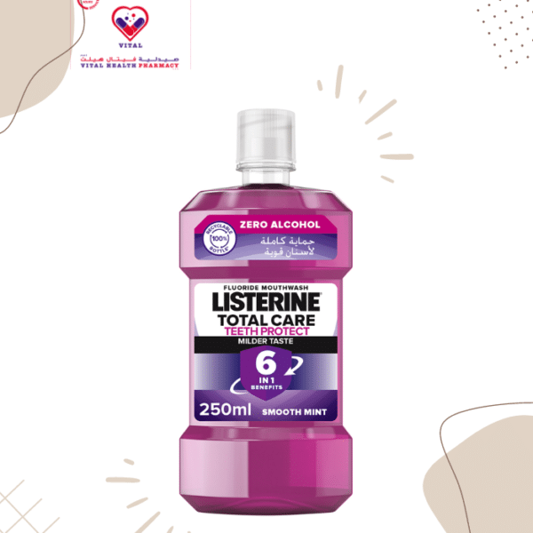LISTERINE Total Care Milder taste is the most advanced and complete multi-benefit mouthwash from LISTERINE. It offers 6 benefits all rolled into one for total oral health, with a less intense, milder taste. LISTERINE Total Care Milder taste prevents cavities, strengthens teeth to protect against decay, and prevents and reduces gingivitis to maintain healthy gums. It also fights bacteria between teeth and provides up to 24 hours of bad breath protection. 