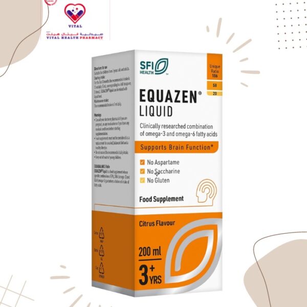 Equazen Omega 3 & 6 Liquid Supplement Vanilla Flavor (3+ Years) - gluten free, artificial colors & flavors free 200 ML