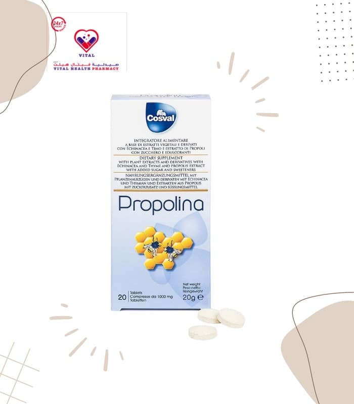 Food supplement combining the well-known properties of Propolis with Echinacea, which is beneficial for the upper airways, and Thyme, helping make bronchial secretions fluid and promoting nose and throat well-being.