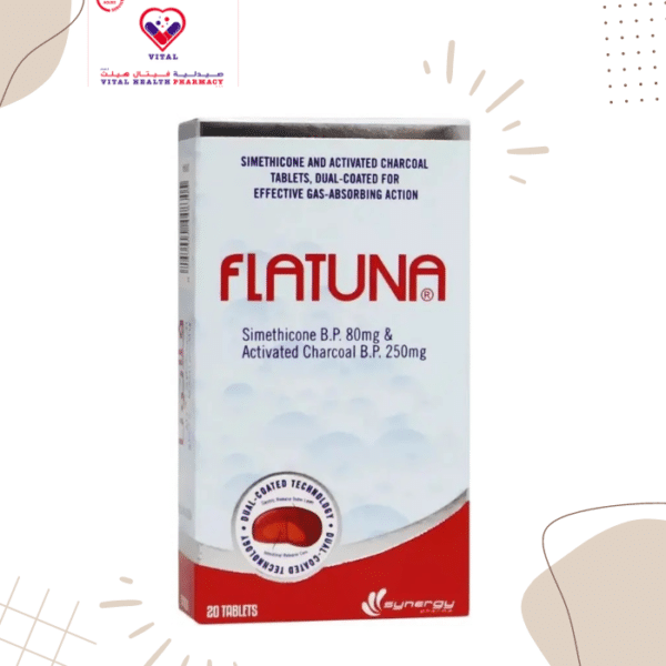 Flatuna Tablets are composed of an outer layer of Simethicone 80 mg for gastric release and an inner layer of Charcoal 250 mg for intestinal release.