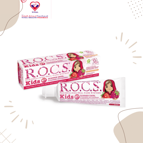 Rocs Remineralizing Kids Toothpaste Summer Swirl of Raspberry & Strawberry Flavor (4-7 Years) - fluoride free 35 ml