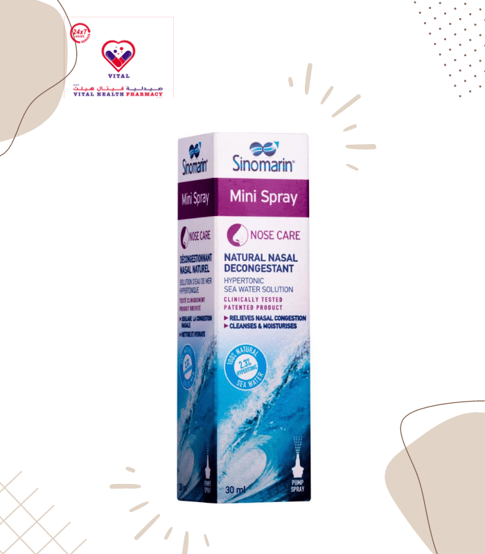 Sinomarin Nose Care Mini Spray relieves nasal congestion and pressure on blocked sinuses through the natural mechanism of osmosis. In addition, it hydrates and cleans the nasal passages.
