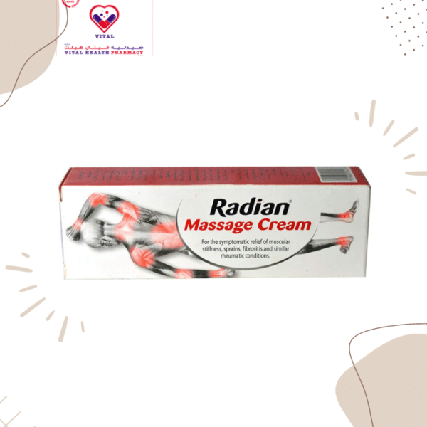 Radian massage cream is indicated for the symptomatic relief of muscular stiffness, sprain, fibrositis and similar rheumatic conditions.