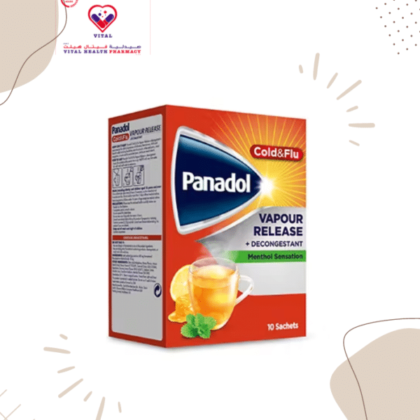 Panadol Cold And Flu Vapour Release Sachets contains Paracetamol and Phenylephrine Hydrochloride and is recommended for relief of common cold symptoms including headache, sore throat, nasal congestion and sinusitis, and associated body aches and fever.