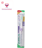 The GUM travel toothbrush features a tri-fold design that allows the bristles to fold into the handle for compact storage. A multi-level bristle layout effectively removes plaque from between the teeth and beneath the gum line.