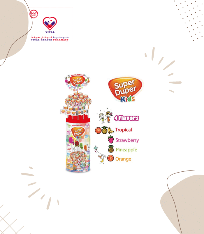 Super Duper Kids Multivitamin Lollipop meets more than 25% of a child’s daily vitamin needs. Vitamin A, C, D, B12, Pantothenic acid, Selenium and zinc support the normal function of the immune system.