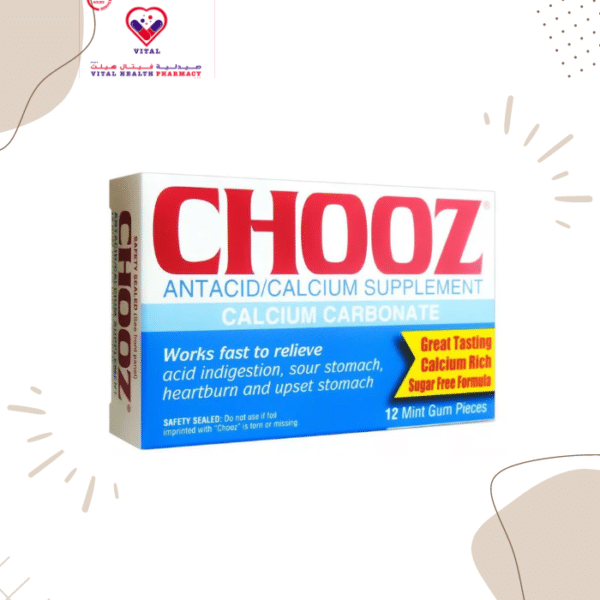 Chooz Antacid/Calcium Supplement delivers 200mg/gum of calcium carbonate to increase the pH balance in stomach & reduce acidity and heartburn.