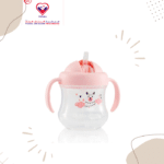 The straw is soft silicone, uniquely angled for drinking to the last drop and has a cross cut opening to reduce the risk of spills. The lid is leak proof and has wide handles for easy grip.